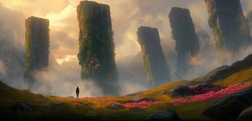 Digital painting of adventurer exploring mystical landscape with stone monoliths vibrant flowers and dawn light fantasy illustration