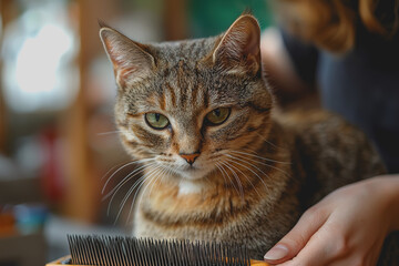 Cat sitting on a comb being combed - playful feline grooming session with a comb and a curious cat enjoying its unique experience in a cozy environment full of pet accessories