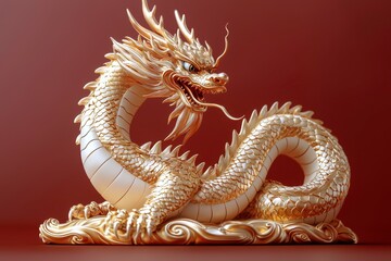 Fototapeta premium Majestic Golden Dragon Sculpture with Intricate Details and Captivating Expression Against Rich Background