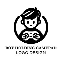 Minimalist Boy Holding Gamepad Logo Design for Gaming Brands, E-Sports Teams, and Video Game Enthusiasts Featuring Clean Black and White Style