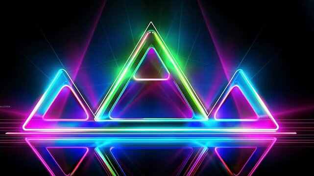 Neon Triangle:  A vibrant, futuristic-looking abstract scene featuring three glowing neon triangles in shades of blue, green, and purple. The triangles are stacked on top of each other.