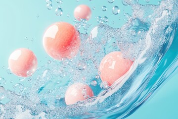 Fototapeta premium Pink spheres submerged in clear water, bubbles rising. Perfect for beauty, skincare, or cosmetic product ads.
