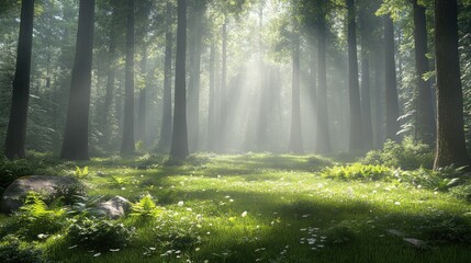 Naklejka premium Sunbeams in misty forest, tranquil path, lush greenery, nature scene, perfect for relaxation