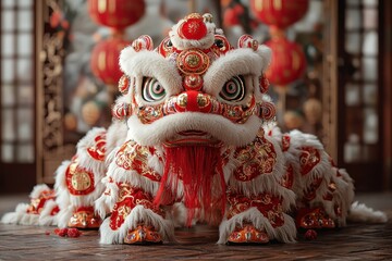 Traditional Chinese Lion Dance Costume with Intricate Details in a Festive Setting Surrounded by Red Lanterns and Cultural Decorations