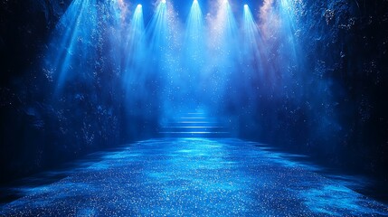 Blue Stage Lighting Illuminates Steps In Dark Cave