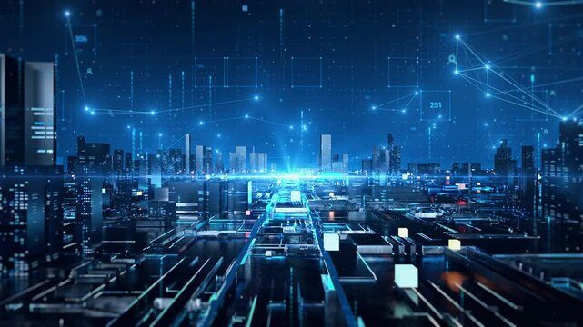 High-tech grid lines, technological block ground plane buildings, future technological city shuttle background, technological particle light elements.