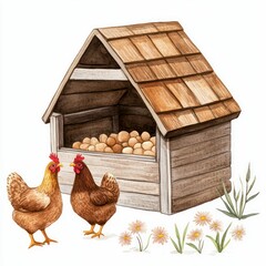 a rustic chicken coop with flowers and chickens, detailed watercolor clipart isolated on white background, farmhouse style, vintage