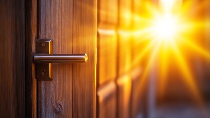 Obraz premium A wooden door partially open, letting in bright sunlight, symbolizing opportunity and warmth.