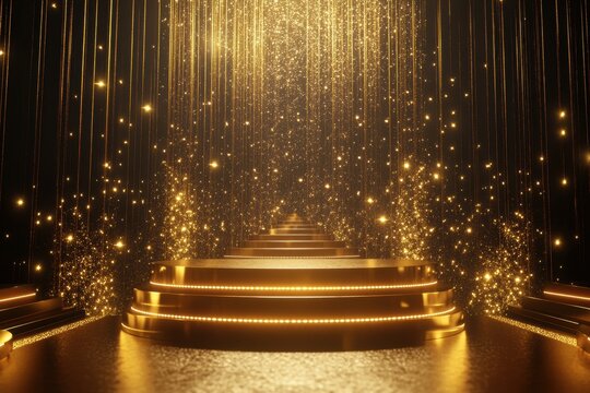 Golden stage with glittering backdrop. Ideal for award shows, celebrations, or luxury product promotions.