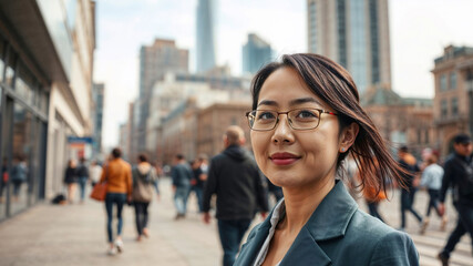 Fototapeta premium Smiling young adult asian businesswoman, professional standing in busy city street with blurred background of people and modern buildings. Independent, confident and cheerful business employee or CEO