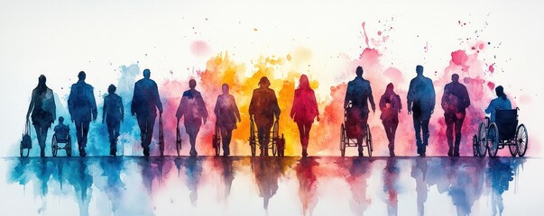 Watercolor Art of Diverse People in Wheelchairs and on Foot Celebrating International Day of Disabled Persons and Inclusion