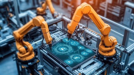 Two robotic arms interact with a digital interface. This image depicts automation and Industry 4.0 concepts in manufacturing.