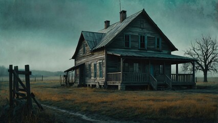 Abandoned Farmhouse in a Foggy Field