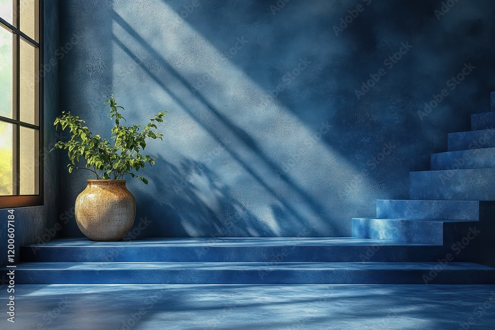 Poster modern blue interior corner room with abstract window and soft light for studio display