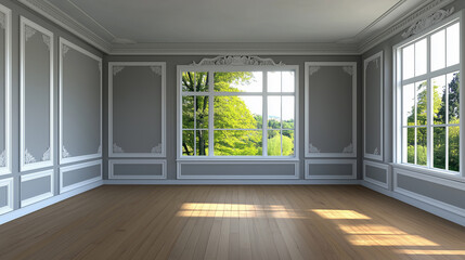 Obraz premium Classic Empty Room with Ornate Moldings and Large Windows