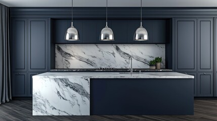 Elegant navy kitchen cabinets paired with marble countertops and minimalist silver pendant lights