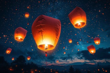 Beautiful night sky filled with glowing orange lanterns soaring upwards against a starry backdrop and serene landscape, creating a magical and enchanting atmosphere of celebration and hope