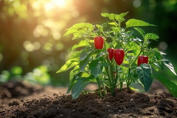 Vibrant red peppers growing on a lush green plant in rich soil. Perfect for illustrating gardening, healthy eating, or agricultural concepts.