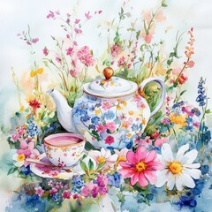 a watercolor painting of a teapot and cup with flowers arranged in a gentle and peaceful spring tea setting