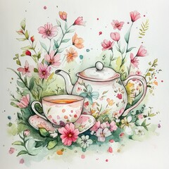a watercolor painting of a teapot and cup with flowers arranged in a gentle and peaceful spring tea setting