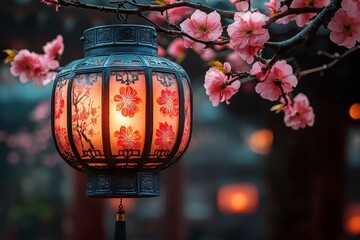 Vibrant Lantern Illuminates Cherry Blossom Tree, Symbolizing Asian Culture, Serenity, and Tranquility in a Beautiful Spring Evening Setting