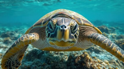 Fototapeta premium Sea turtle swims coral reef, ocean background