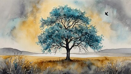 Solitary Tree at Sunset Watercolor Painting