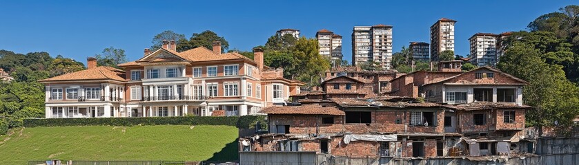 Obraz premium Wealth and Poverty A Stunning Mansion Overlooking Urban Slums in a Hillside Neighborhood