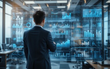Fototapeta premium Businessman working by looking at the screen of the company's financial growth graph