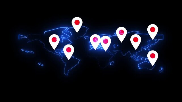 World map with blue location markers indicating. Abstract neon world.  map animation with location pointers.d wald maps location pop up animation 4k green screen