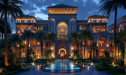 Fototapeta premium Illuminated Moorish Mansion, Night, Oasis, Luxury Real Estate