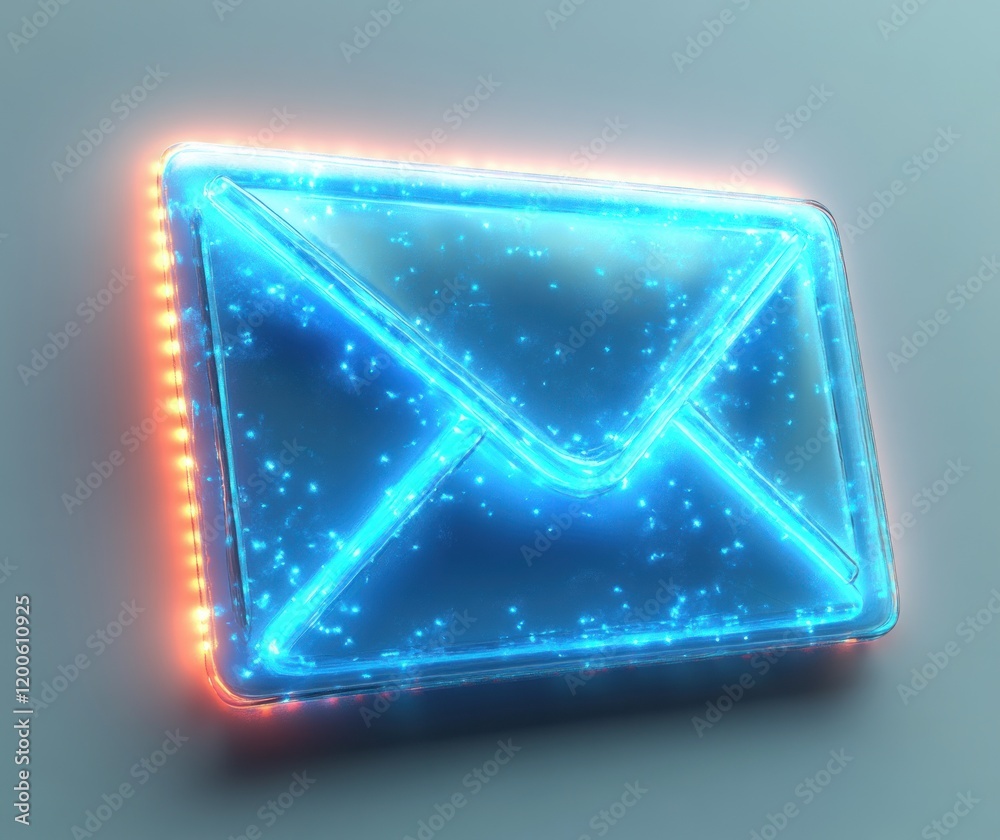 Poster futuristic 3d email envelope icon rendered in blue glow with soft ambient lighting