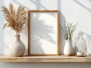 Vertical Wooden Frame Mockup in Neutral Minimalist Scandinavian Interior with Dried Pampas Grass Vase and Books on Shelf
