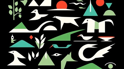 Fototapeta premium Abstract Avian and Landscape Composition in Geometric Style