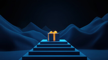 gift box with golden ribbon sits atop blue steps against dark background, creating sense of anticipation and celebration