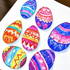 Fototapeta premium a set of easter eggs with vibrant illustrations on white paper draw, celebrating the holiday season in a joyful spring setting