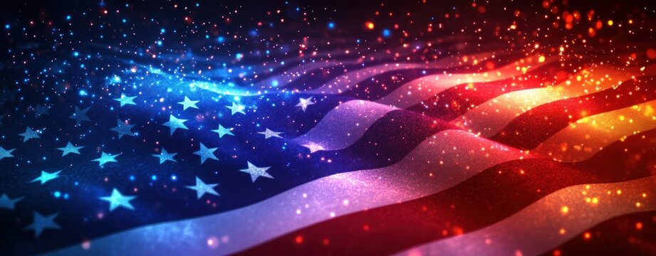 Fireworks Display in Front of American Flag Celebrating 4th of July Independence Day with Sparklers