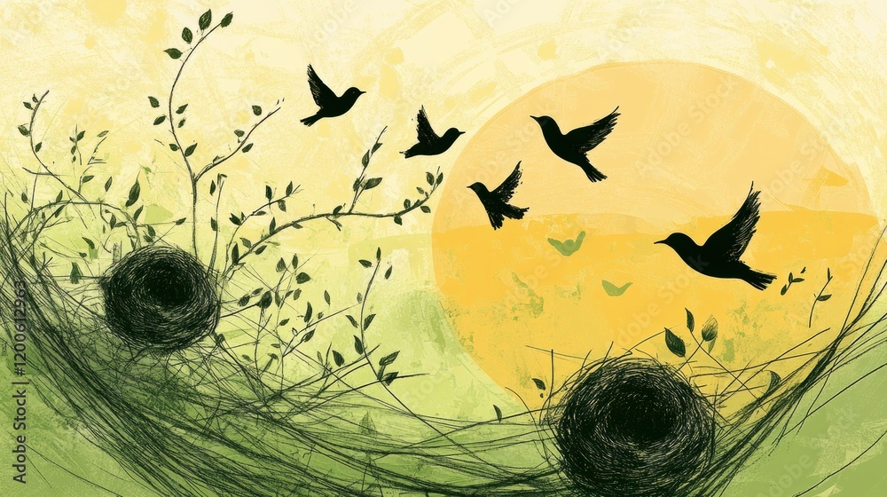 Poster silhouetted birds flying at sunset over nests and branches in a serene nature setting. generative ai