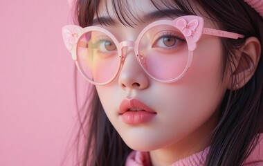 Fototapeta premium Close-up portrait of a woman with trendy butterfly glasses on New Year's Eve