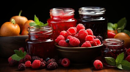 Homemade Raspberry and Blackberry Jam with Fresh Fruit on Dark Wooden Table