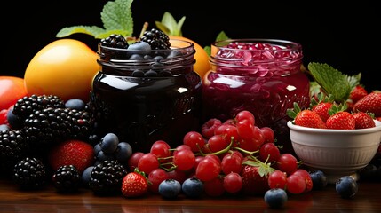 Variety of fresh berries and jams in glass jars on a wooden surface against black background