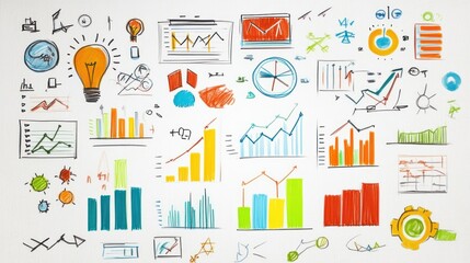 Colorful Business Charts and Graphs Hand-Drawn on Whiteboard