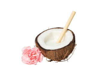 PNG, coconut milk in half a coconut, isolated on white background.