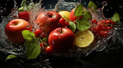 Fresh fruits and vegetables splashing with water on a black background concept
