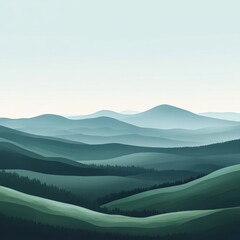 Serene Green Hills and Mountainscape Under a Pale Sky