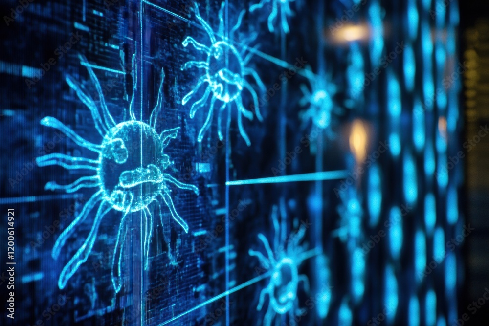 Poster glowing barrier neutralizes viruses in a futuristic digital environment. generative ai