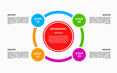 infographic template with 4 stages and colorful circular options for presentations.
