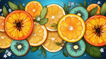 A Vibrant Arrangement of Sliced Oranges and Kiwis on a Dark Blue Background with Leaves