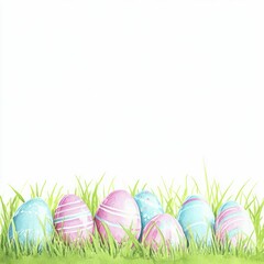 colorful easter eggs with vibrant colors and painted designs, placed on a white background, celebrating the holiday and spring season