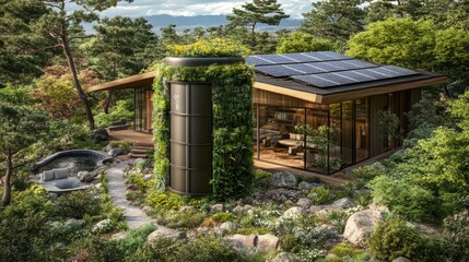 Fototapeta premium Eco-friendly house, solar panels, mountain view, tranquil garden